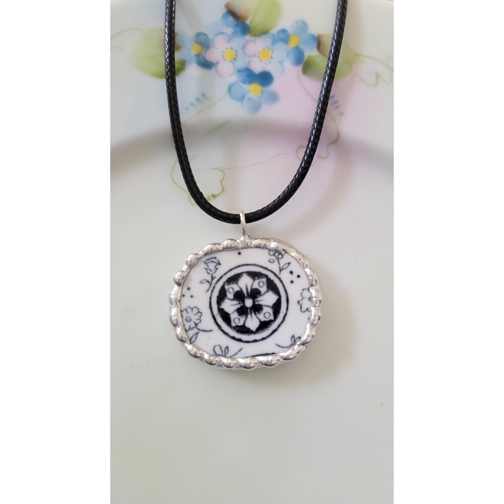 Upcycled Porcelain Medallion Necklace, Monochromatic Ceramic Geometric Floral